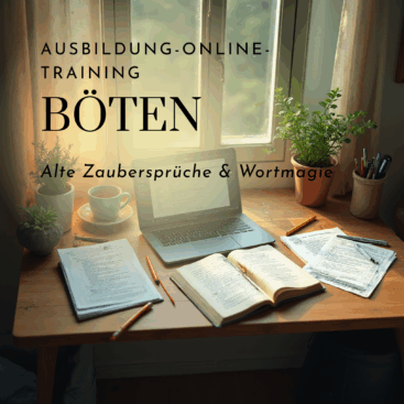 Schreibtisch am Fenster mit Laptop, geöffneten Büchern, handbeschriebenen Blättern, Stiften und Pflanzen – Titel „Ausbildung-Online-Training Böten – Alte Zaubersprüche & Wortmagie“ für ein Online-Training in Böten.