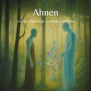 Symbolisches Ahnenbild mit spirituellen Elementen – energetisches Feld, Lichtverbindungen zwischen Generationen, Wurzeln, Herzenergie, Ahnengesichter im Hintergrund