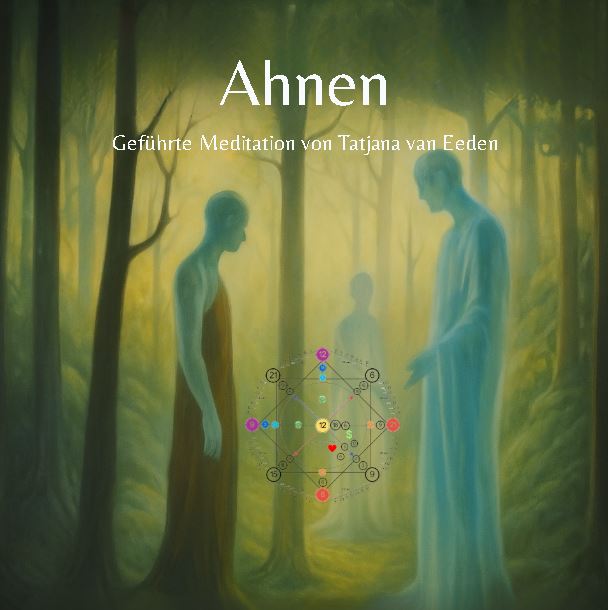 Symbolisches Ahnenbild mit spirituellen Elementen – energetisches Feld, Lichtverbindungen zwischen Generationen, Wurzeln, Herzenergie, Ahnengesichter im Hintergrund