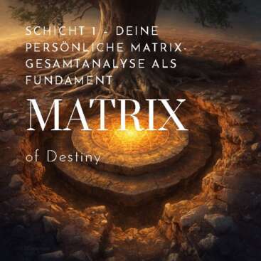 Altes Steinfundament das unter Erdschichten enthüllt wird, goldenes Licht leuchtet aus der Tiefe, Sacred Geometry Matrix Muster, Wurzeln eines alten Baumes – Schicht 1 persönliche Matrix-Gesamtanalyse Fundament PDF