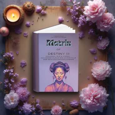 Lila Buch „Matrix of Destiny III“ mit der Illustration einer meditativen Frau steht auf einem Holztablett, umrahmt von rosa und violetten Blüten, Kerzen und kleinen Deko-Elementen – symbolisches Coverbild für das dritte Matrix-Buch über Chakren, ätherische Öle und Bewusstseinscodes.