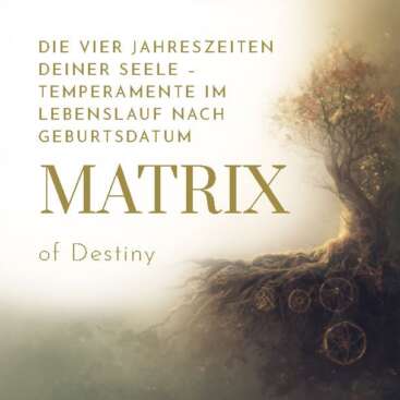 Lebensbaum der sich von einem jungen Setzling im Frühling über einen blühenden Sommerbaum und goldenen Herbstbaum bis zum weisen alten Winterbaum verwandelt, Sacred Geometry Matrix Muster in Wurzeln und Ästen – Die vier Jahreszeiten der Seele Temperamente im Lebenslauf nach Geburtsdatum
