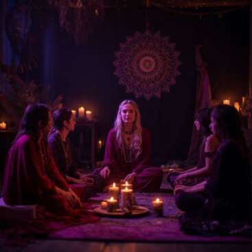 Schicksalsmatrix Ausbildung – eine Lehrerin begleitet Schüler im Boho-Stil beim Lernen der 9 Energiecodes, dunkel-violette spirituelle Klassenzimmer-Atmosphäre
