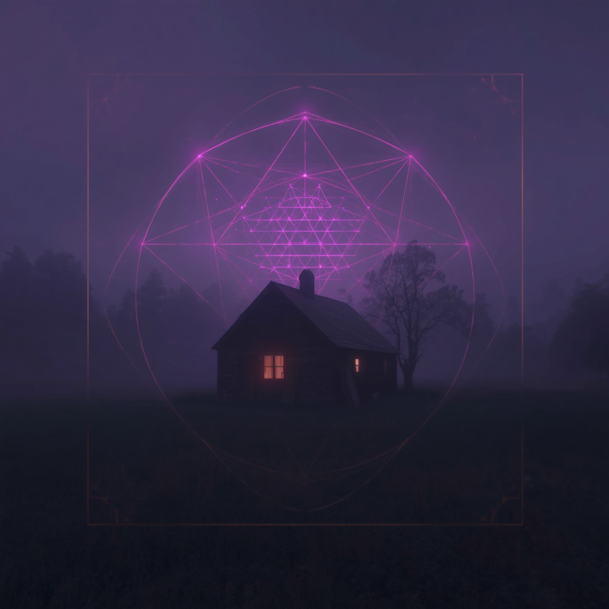Historisches Bauernhaus im Nebel bei Dämmerung mit violettem Licht und spiritueller Schicksalsmatrix am Himmel.