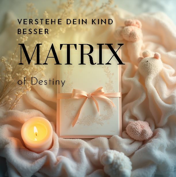 Weiches Stillleben mit Geschenkbox, brennender Kerze und Babydetails auf Decke, darüber der Text: „Verstehe dein Kind besser – Matrix of Destiny“.