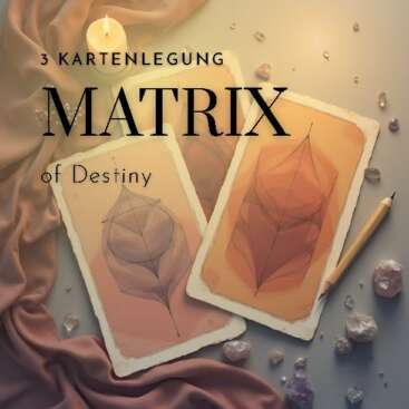 Stillleben mit drei liegenden Karten in warmen Erdtönen, umgeben von Kristallen, Stoff und einer Kerze, darüber der Schriftzug „3 Kartenlegung – Matrix of Destiny“.