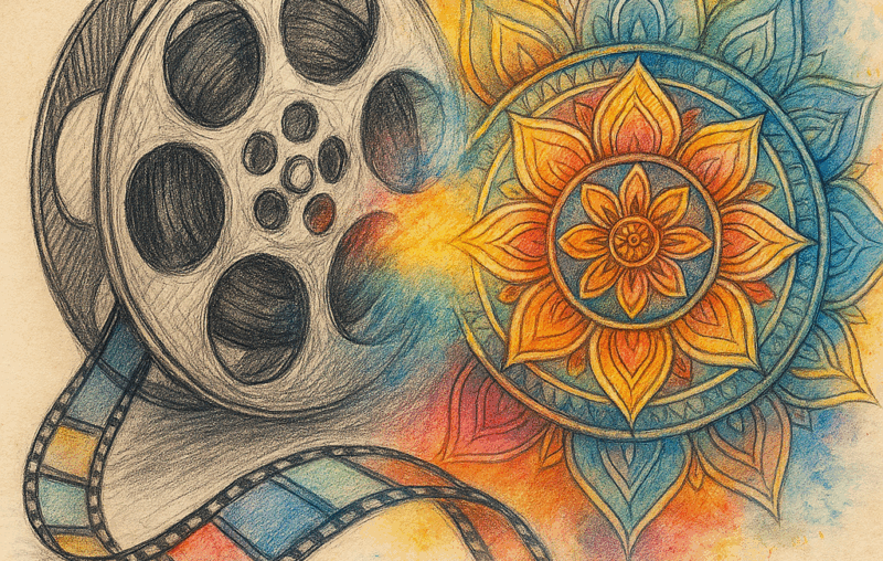 „Mixed-Media-Illustration einer Filmrolle mit projizierten Archetypen – Symbol für die Spiegelung von Matrix-Energien im Kino.“