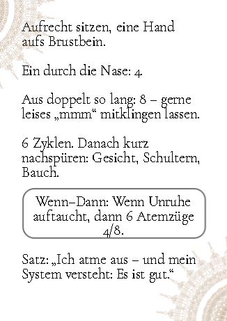 Rückseite der Karte „Vagaler Ausatmer“ mit Schritt-für-Schritt-Anleitung: Hand aufs Brustbein, Ein 4, Aus 8, 6 Zyklen, kurzer Nachspür-Hinweis, Wenn–Dann-Kästchen und Abschlusssatz.