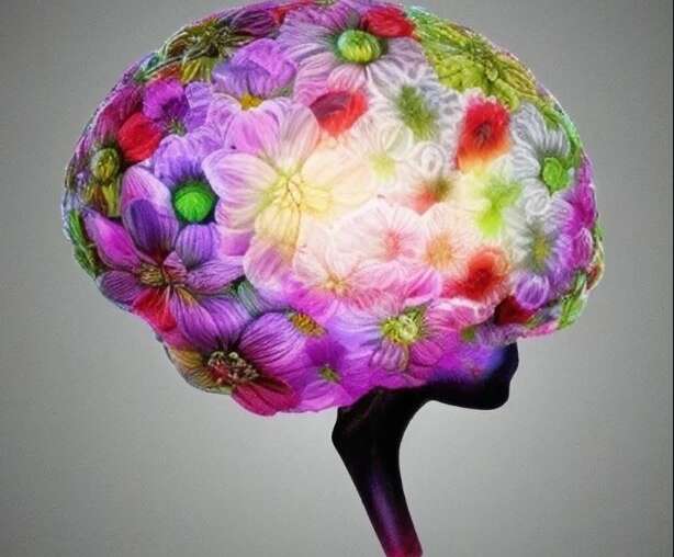 Seitliches Kopfprofil; das Gehirn erscheint als Gewebe aus leuchtenden Blumen – Symbol für beruhigtes, geordnetes Nervensystem und mentale Klarheit.