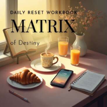 Morgenszene mit einem gedeckten Tisch: Croissant, Kaffee, zwei Gläser Orangensaft, geöffnetes Notizbuch, Smartphone und ein aufgeschlagenes Buch am Fenster neben einer Vase mit zarten Blüten, darüber der Schriftzug „Daily Reset Workbook – Matrix of Destiny“.