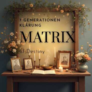 Stimmungsvoller Ahnenaltar mit Fotos der Vorfahren, brennenden Kerzen, Räucherschale und offenem Buch vor einem goldenen Lichtfeld, darüber der Schriftzug „7 Generationen Klärung – Matrix of Destiny“.