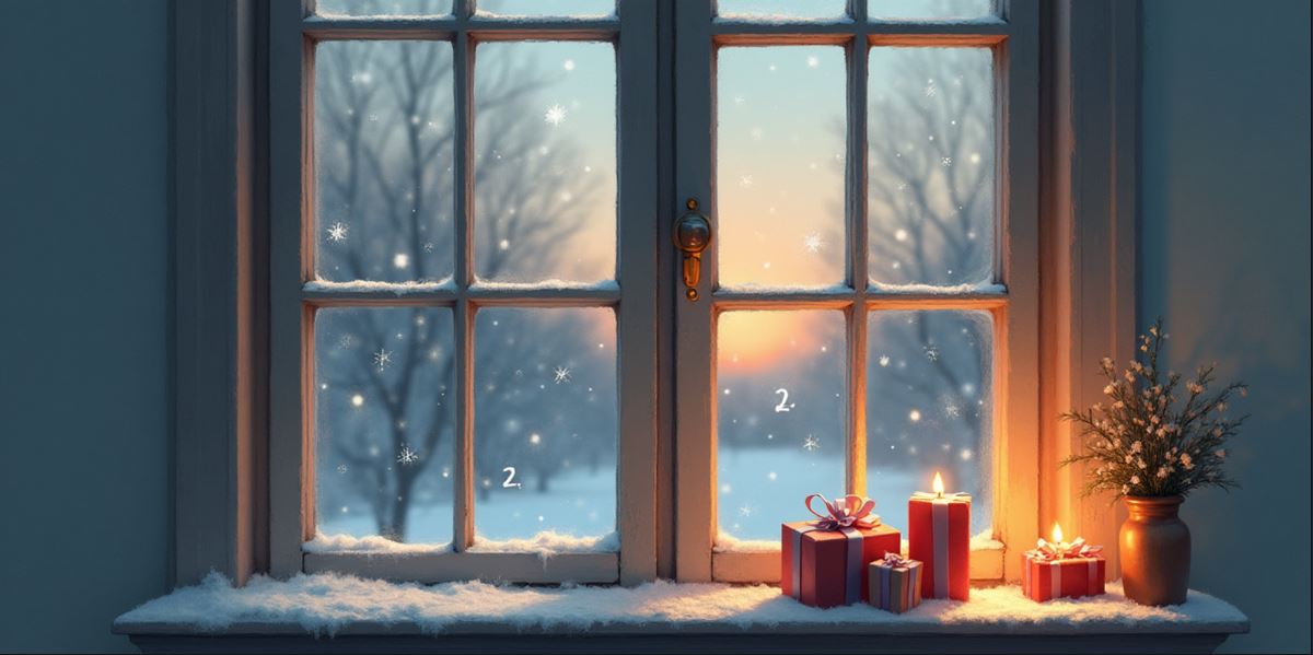 Winterliches Fenster mit Kerzenlicht, kleinen archetypischen Symbolen und drei nummerierten Geschenken als Hinweis auf das Advents-Gewinnspiel zur Matrix.