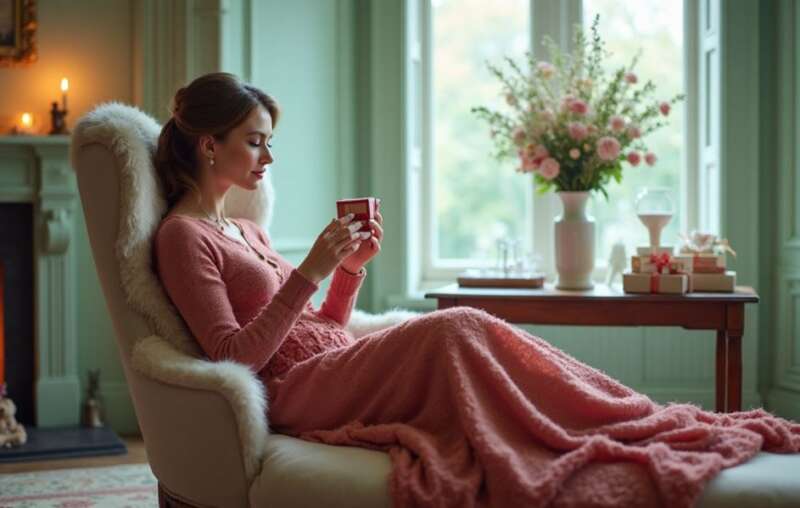 Frau in rosafarbenem Strickkleid sitzt entspannt mit einer Tasse Tee in einem Sessel vor dem Kamin, im Hintergrund ein Tisch mit Blumenstrauß und mehreren Geschenkpaketen.