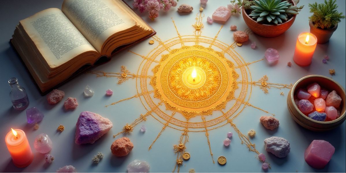 Goldenes Mandala mit brennender Kerze, alten Buchseiten, Kristallen und Pflanzen als Ritualplatz von oben