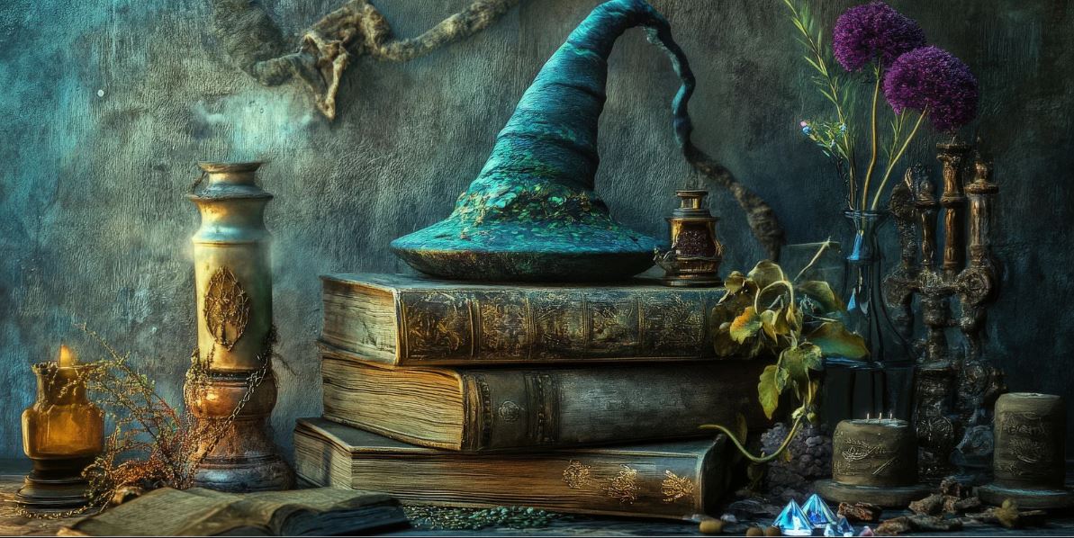 Magisches Stillleben mit Hexenhut, alten Zauberbüchern, Kerzen und Kräutern auf einem Altar
