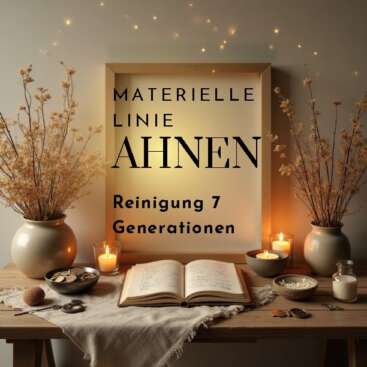 „Stimmungsvoller Ahnen-Tisch im warmen Kerzenlicht mit Notizbuch, Symbolen für Geld und Versorgung und der Aufschrift ‚Materielle Ahnenlinie – 7 Generationen‘.“