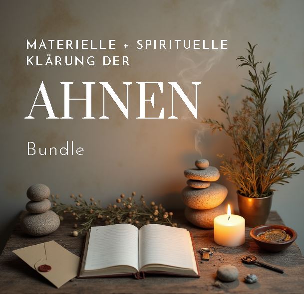 Stillleben mit Kerze, Steinpyramiden, geöffnetem Notizbuch, Briefumschlag mit Wachssiegel und getrockneten Pflanzen auf einem Holztisch in warmem Licht.