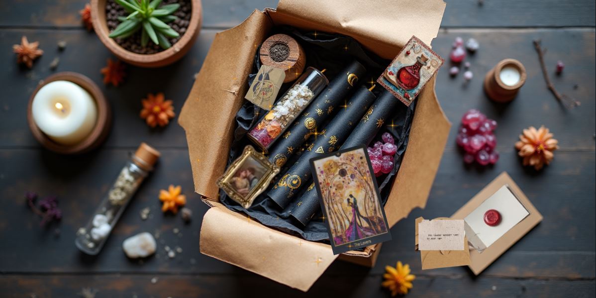 Magische Ritualbox mit schwarzen Kerzen, Tarotkarte, Kristallen und versiegeltem Brief auf dunklem Holztisch