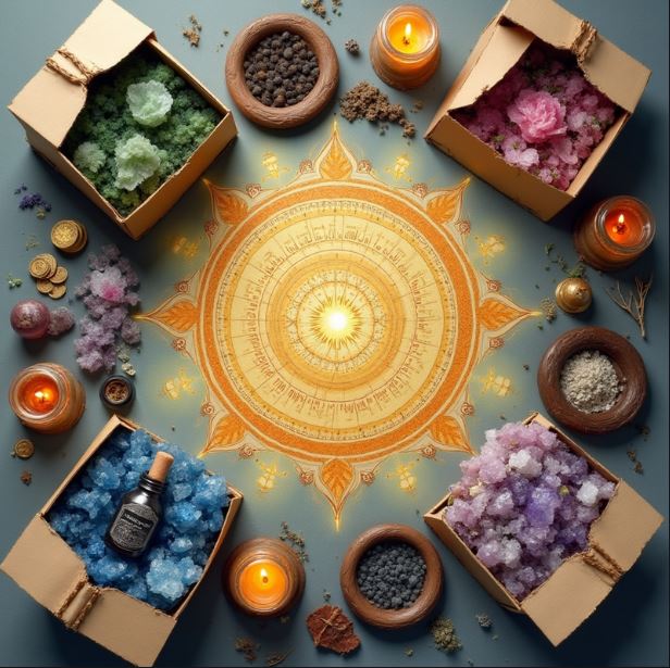 Vier Ritualboxen mit farbigen Kristallen und Kerzen im Kreis um ein goldenes Mandala – magischer Ritualplatz aus der Vogelperspektive