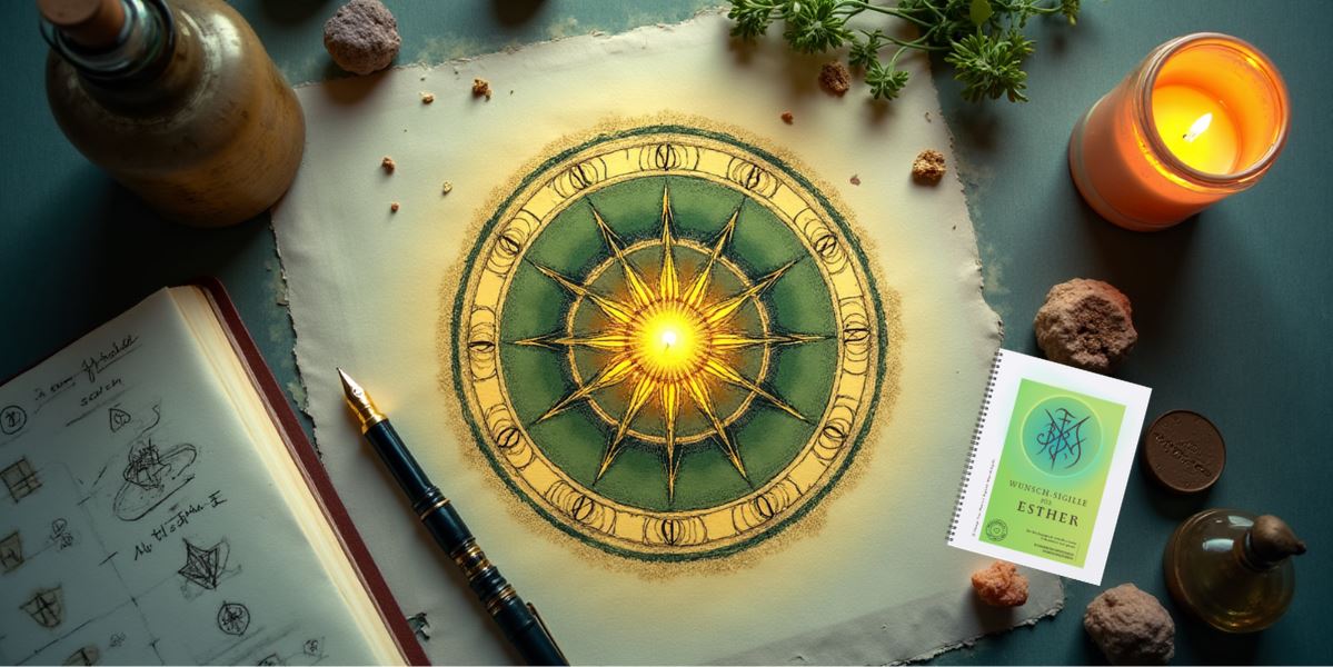 Leuchtendes Mandala mit Feder, Notizbuch und Wunsch-Sigille-Heft auf einem Ritualtisch
