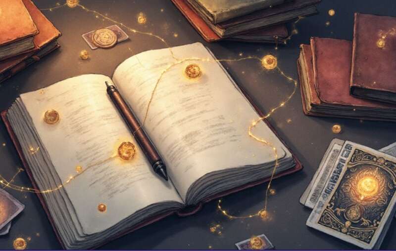 „Aufgeschlagenes magisches Buch mit golden leuchtenden Symbolen, Tarotkarten und alten Büchern – visuelle Darstellung einer persönlichen Wunsch-Sigille und energetischer Schreibarbeit“