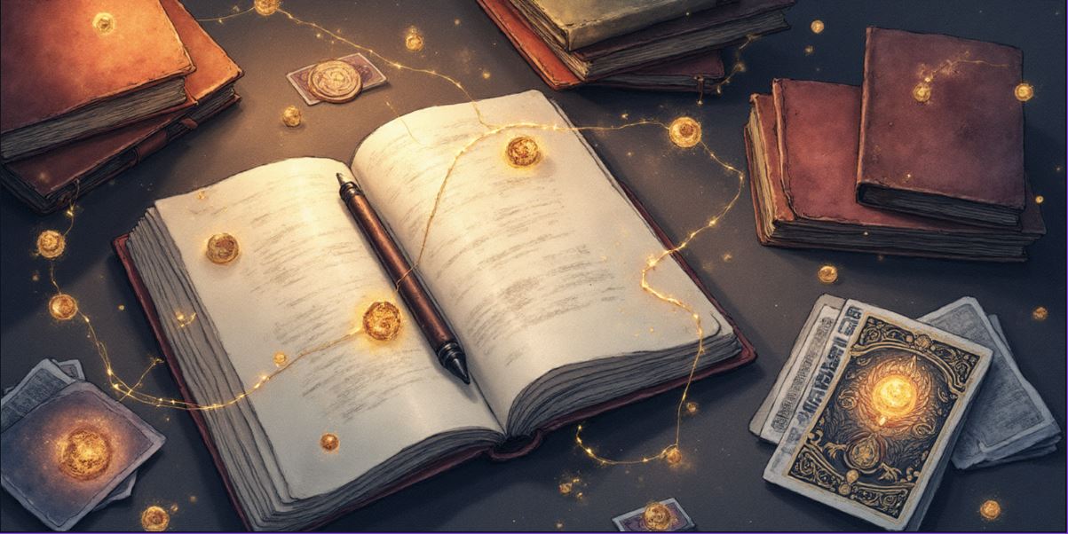 „Aufgeschlagenes magisches Buch mit golden leuchtenden Symbolen, Tarotkarten und alten Büchern – visuelle Darstellung einer persönlichen Wunsch-Sigille und energetischer Schreibarbeit“