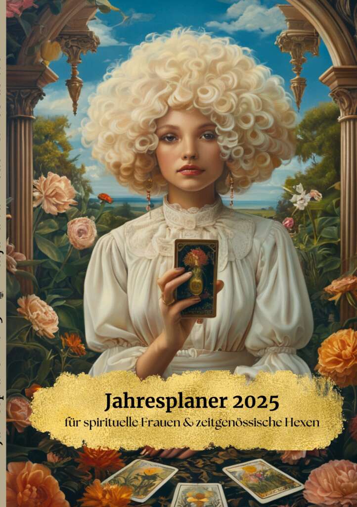 Künstlerische Illustration einer weiblichen Figur mit Buch als Symbol für Jahresbegleitung, Innenschau und zyklische Weisheit 2026.