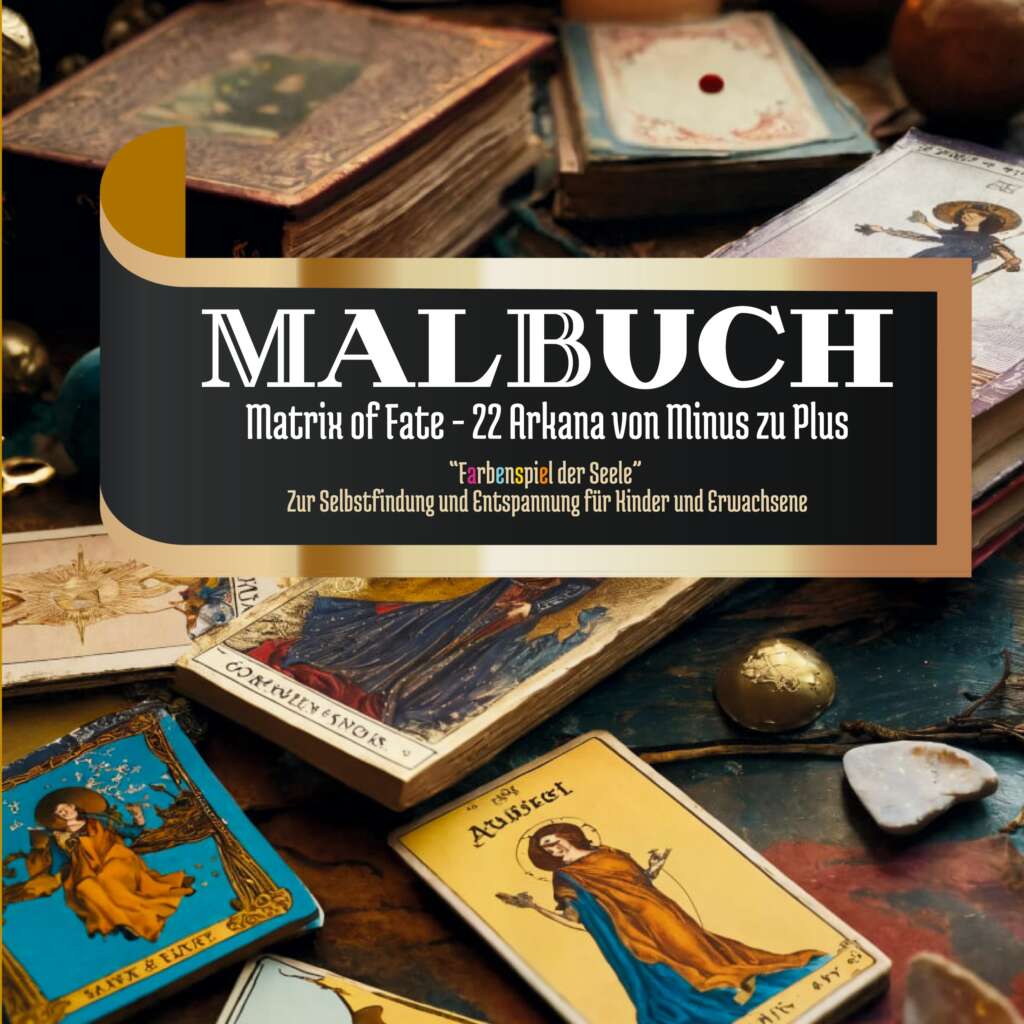Malbuch zur Matrix of Destiny mit Tarot-Archetypen, Zahlenfeldern und kreativen Ausmalmotiven zur inneren Reflexion