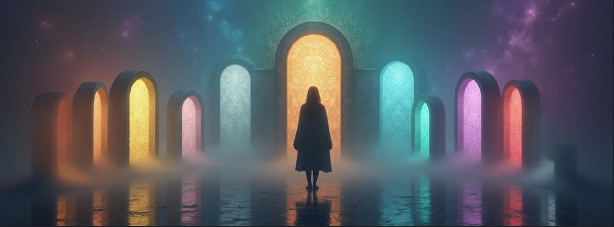 Eine einzelne Gestalt steht vor mehreren farbig leuchtenden Toren in einer nebeligen Umgebung und symbolisiert die Wahl zwischen den neun Schlüsseln der Matrix of Destiny.