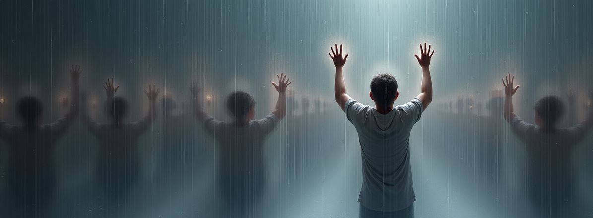 Eine Person steht mit erhobenen Händen vor einer durchscheinenden Wand, hinter der schemenhaft mehrere Spiegelbilder sichtbar sind, als Symbol für innere Begrenzung und den Wunsch nach Befreiung.
