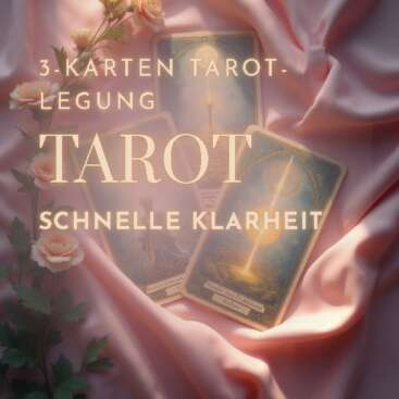 Tarotkarten auf rosafarbenem Stoff mit der Aufschrift „3-Karten Tarot-Legung – schnelle Klarheit“