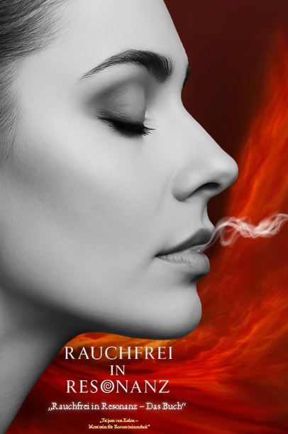 Seitliches Porträt eines Gesichts mit geschlossenen Augen, aus dem sich ein feiner Rauchfaden löst, vor rotem, fließendem Hintergrund