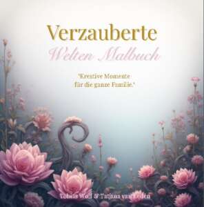 Illustration mit rosa Blüten, floralen Ranken und märchenhafter Landschaft in sanften Pastellfarben, mit dem Titel „Verzauberte Welten Malbuch“