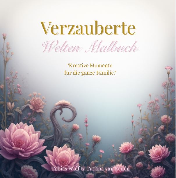 Illustration mit rosa Blüten, floralen Ranken und märchenhafter Landschaft in sanften Pastellfarben, mit dem Titel „Verzauberte Welten Malbuch“