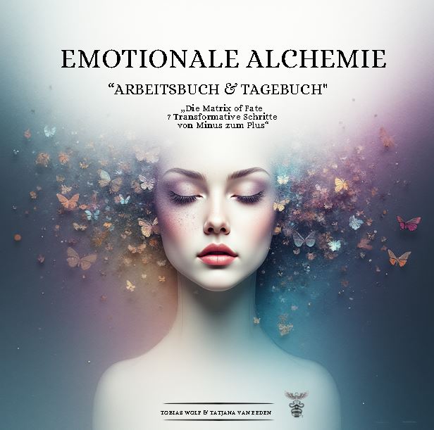 Illustratives Buchcover mit geschlossenem Gesicht in der Mitte, umgeben von schwebenden Schmetterlingen und farbigen Partikeln auf sanftem Farbverlauf, Titel „Emotionale Alchemie“