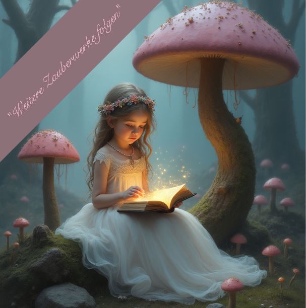 Illustration eines Kindes in hellem Kleid, das in einem leuchtenden Buch liest, sitzend in einer märchenhaften Waldlandschaft mit großen Pilzen in sanften Rosa- und Grüntönen