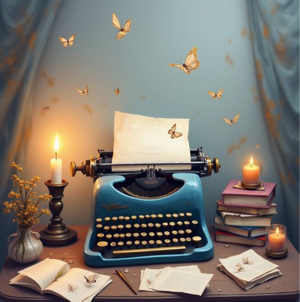 Stillleben mit blauer Schreibmaschine, Papierblatt, Kerzen und Büchern auf einem Tisch, umgeben von schwebenden Schmetterlingen in warmer, ruhiger Atmosphäre