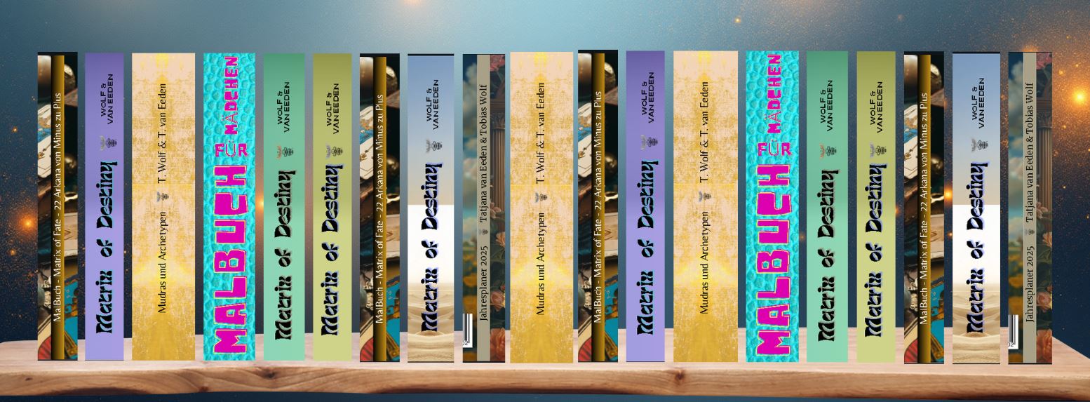 Bücherregal mit zahlreichen Buchrücken aus der Reihe „Matrix of Destiny“, „Malbuch für Mädchen“, „Mudras und Archetypen“ und weiteren Titeln in unterschiedlichen Farben auf einem Holzregal vor kosmischem Hintergrund