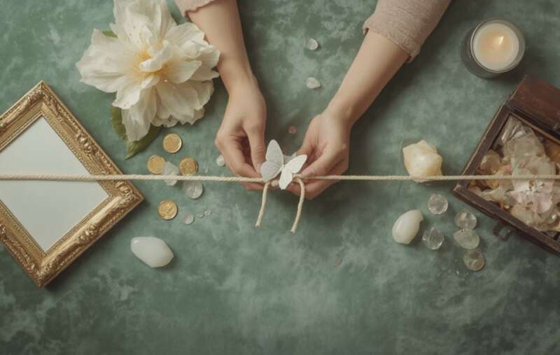 Flatlay mit goldener Kordel zwischen Bilderrahmen und offener Schatztruhe auf salbeigrünem Samt – symbolisch für die Befreiung von Loyalität und Fülle