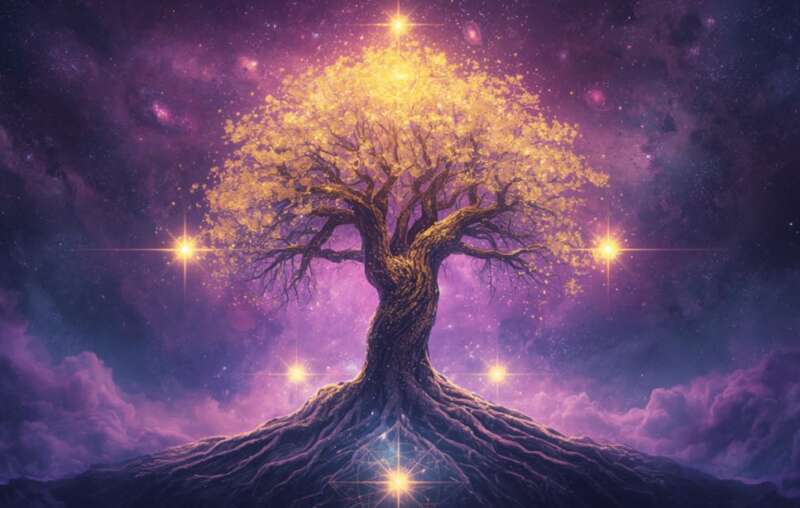Majestätischer goldener Lebensbaum mit massiven Wurzeln unter violettem Sternenhimmel, vier leuchtende Sterne symbolisieren die vier Familienlinien der Ahnenmatrix