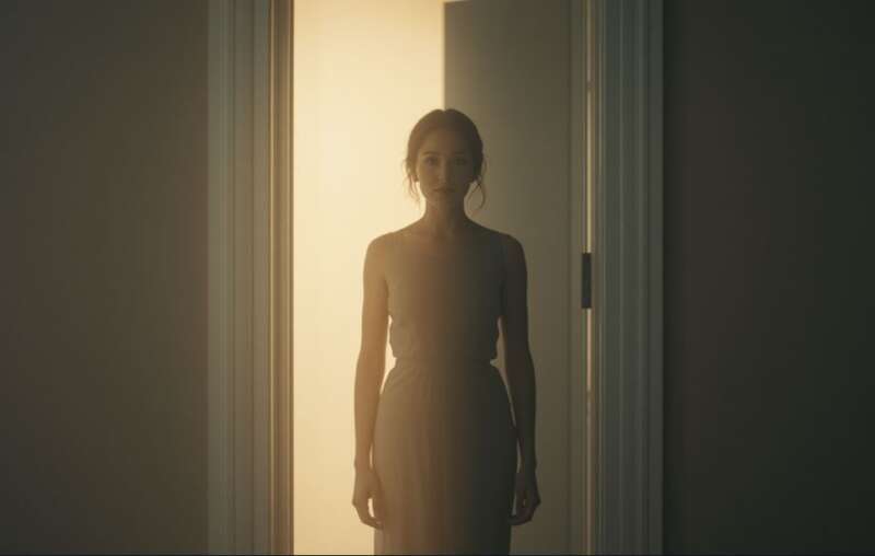 Frau steht in einem Türrahmen halb im Licht halb im Schatten – Symbol für die Integration der dunklen Mutter und Ganzheit mit der Schicksalsmatrix Mutterwunde