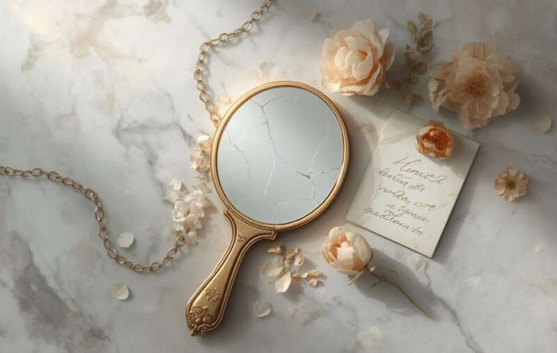 Vintage Handspiegel im Kintsugi-Stil mit weißer Pfingstrose und gefaltetem Notizzettel – Symbol für die heilende innere Stimme und die Überwindung der Mutterwunde mit der Schicksalsmatrix