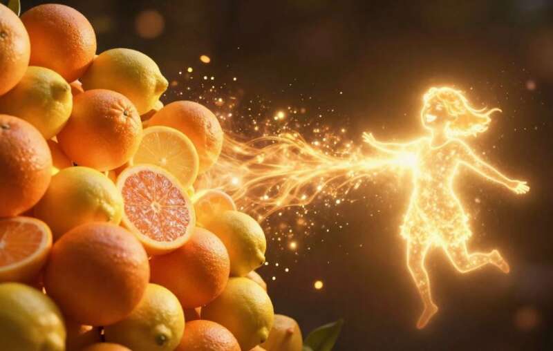 Leuchtende Zitrusfrüchte senden goldene Freudeenergie zu einer strahlenden Silhouette – Frucht-Persönlichkeit Aroma-Archetyp Schicksalsmatrix