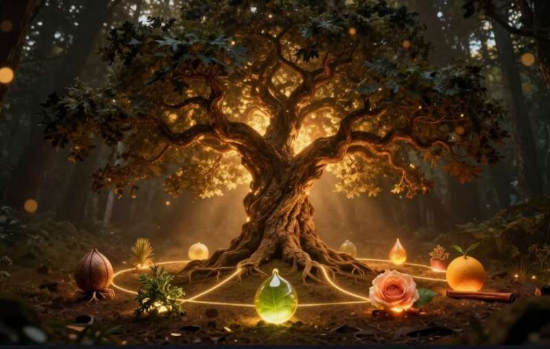 Alte knorrige Eiche umgeben von neun leuchtenden Aroma-Archetypen – Welche Pflanzenseele bist du Quiz Schicksalsmatrix