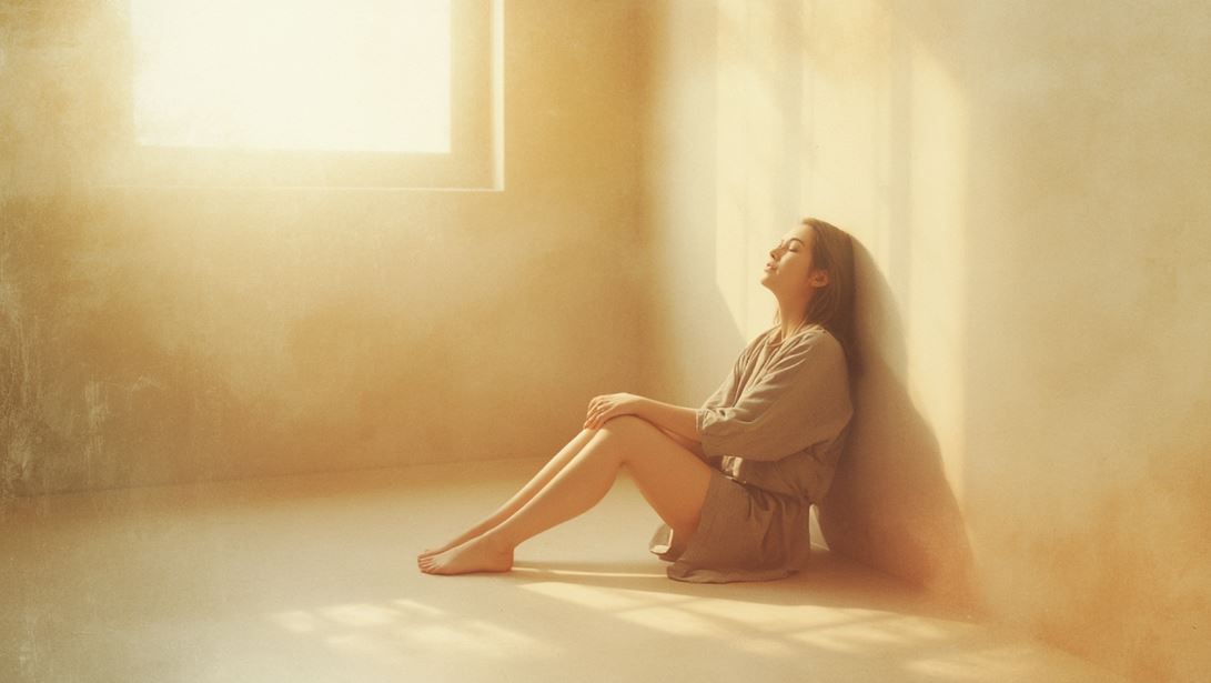 Frau sitzt erschöpft aber friedlich an einer Wand – Symbol für das Loslassen des inneren Kampfes und die Heilung der Mutterwunde mit der Schicksalsmatrix