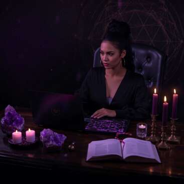 Eine Frau sitzt vertieft an einem eleganten Schreibtisch vor einem Laptop mit schwarzem Bildschirm, umgeben von einem gedruckten Schicksalsmatrix-Chart, Kristallen, brennenden Kerzen und einem offenen Notizbuch für die Matrix of Destiny Basis-Ausbildung.