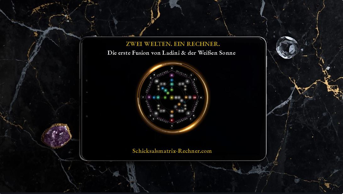 Interaktiver Schicksalsmatrix-Rechner auf einem Tablet präsentiert auf schwarzem Marmor mit Goldadern und Amethyst-Kristallen – Fusion aus Ladini-Methode und der Weißen Sonne.
