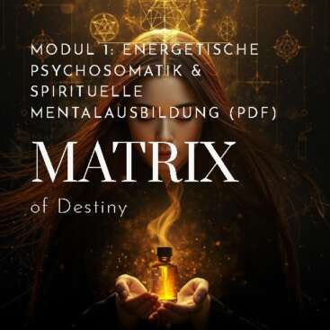 Cover für Modul 1: Energetische Psychosomatik & Spirituelle Mentalausbildung – Matrix of Destiny mit Fokus auf Haare und Aroma-Alchemie.