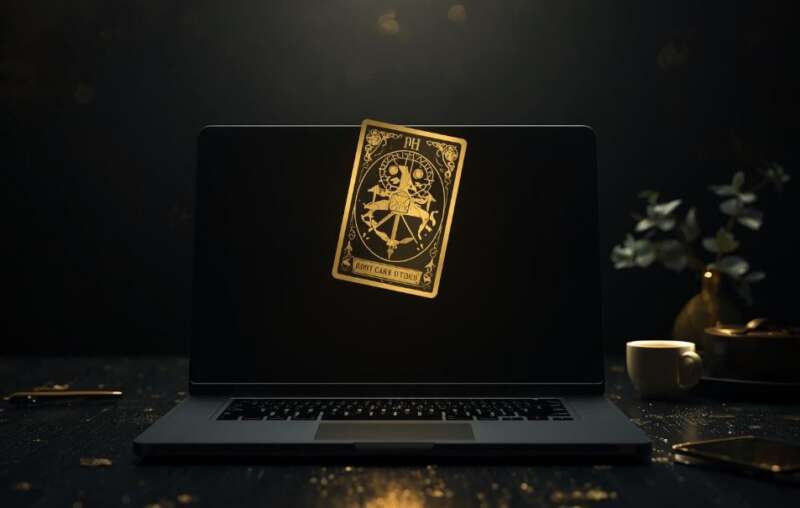 Alt-Text: Ein Laptop auf einem dunklen, goldenen Schreibtisch mit einer schwebenden goldenen Tarotkarte des Mond-Archetypen und dem Text „Welcher Marketing-Typ bist du? Dein Arkanum Business Test“