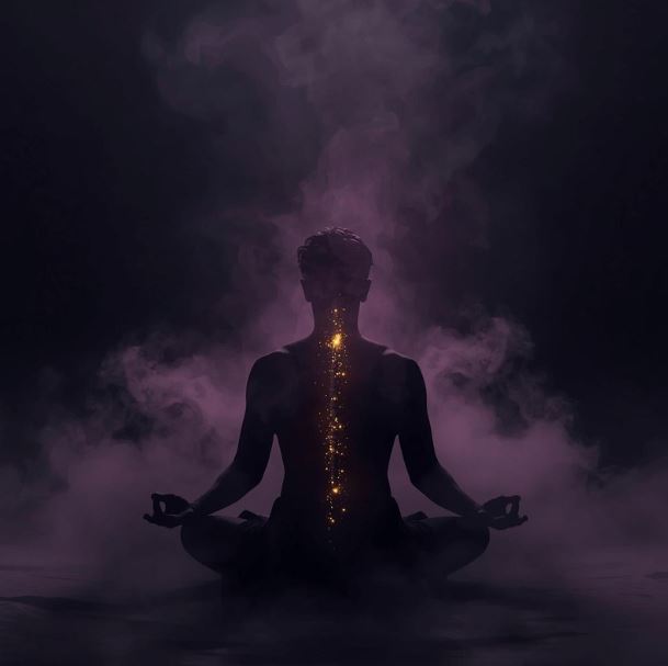 Meditierende Silhouette in pflaumenfarbenem Nebel mit goldenen Energiepunkten, Haus Scriptorium.